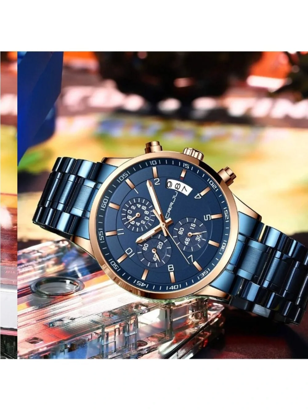 Men's Blue Rose Gold Analog Stainless Steel Waterproof Chronograph Wrist Watch